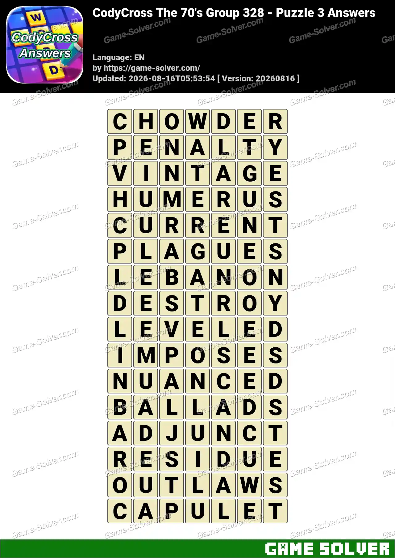 CodyCross The 70’s Group 328 – Puzzle 3 Answers